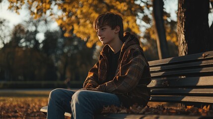 a teenager sitting on a park bench, autumn leaves scattered around, looking relaxed, warm afternoon light, background with trees