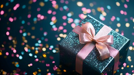 Fototapeta premium Festive Gift Box with Pink Ribbon and Confetti on Blue Background