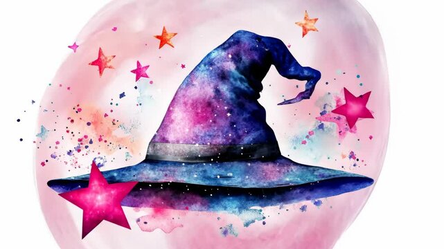 A witch's hat with a galaxy design is surrounded by stars on a pink background