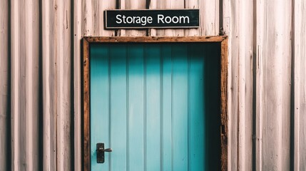 A blue door with a sign that reads "Storage Room" above it, surrounded by wooden walls.