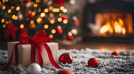 Christmas Gift Box with Red Bow and Ornaments on a Fuzzy Rug with Fireplace in Background