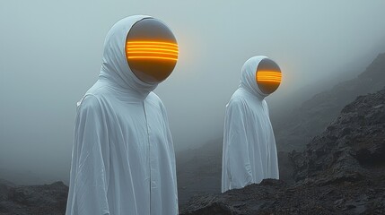 Two enigmatic figures in white robes with glowing helmets stand in a foggy, rocky landscape, evoking mystery and futurism through their spectral presence.