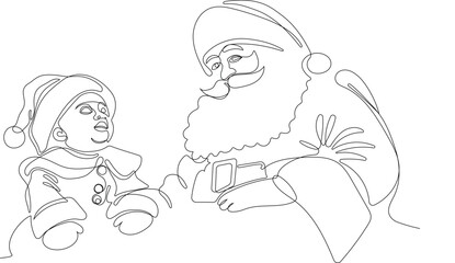 Outlined Cute Santa Claus Cartoon Character With A Sack Full Of Gifts. Vector Hand Drawn Illustration. One continuous line drawing Santa Claus on reindeer and sled. concept for Christmas and New Year