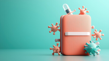 vibrant orange suitcase surrounded by colorful virus icons and vaccine vial symbolizes travel safety and health awareness. This highlights importance of vaccination in travel
