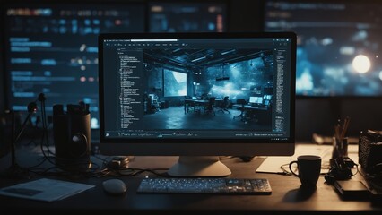 Naklejka premium Creating digital art at a modern workstation showcasing a glowing tree against a dark backdrop
