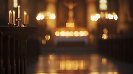Obraz premium Candles flicker in a dark church, casting a warm glow on the polished floor.