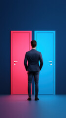 Fototapeta premium young man in suit stands before two colorful doors, contemplating choices. vibrant pink and blue doors symbolize new opportunities and decisions in business mindset
