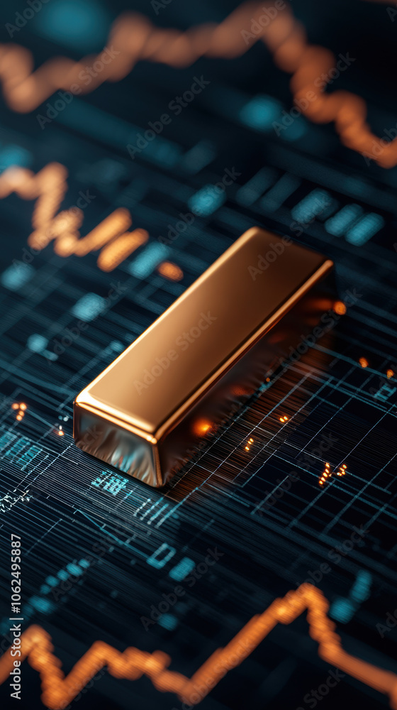 Poster gold bar resting on dark background with abstract graphs symbolizing economic value and price fluctu