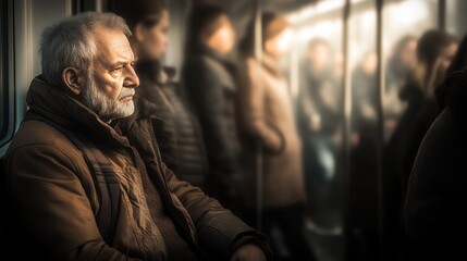 Fototapeta premium An elderly man lost in thought sits on a bustling subway while surrounded by blurred, undefined passengers, highlighting urban solitude and reflection.