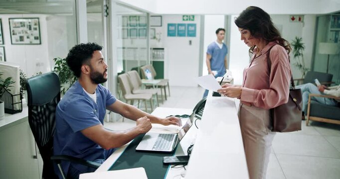 Hospital, nurse and woman in lobby with paperwork for appointment, consultation or medical service. Healthcare, clinic and patient at administration desk for insurance, application form and documents