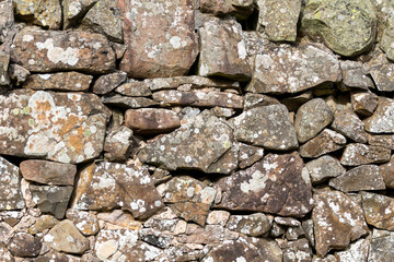 A wall made of rocks with moss growing on it