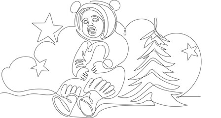 Outlined Cute Santa Claus Cartoon Character With A Sack Full Of Gifts. Vector Hand Drawn Illustration. One continuous line drawing Santa Claus on reindeer and sled. concept for Christmas and New Year