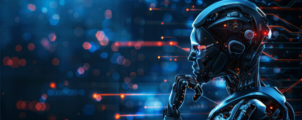 Futuristic robot deep in thought, glowing blue background.