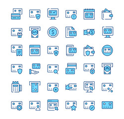 Credit card icons. Outline symbols. Vector blue line icons set