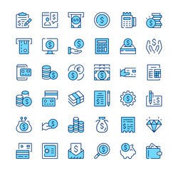 Money icons. Outline symbols. Vector blue line icons set
