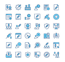 Vaccine icons. Outline symbols. Vector blue line icons set