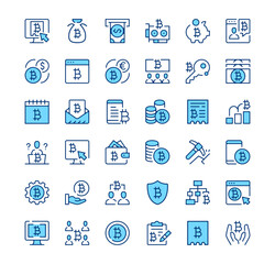 Bitcoin icons. Outline symbols. Vector blue line icons set