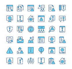 Warning icons. Outline symbols. Vector blue line icons set