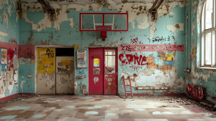 old decayed school gym with graffiti on the walls