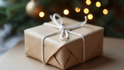 ein neutral verpacktes Päckchen in graunem Packpapier und einer weißen Schnur mit Schleife liegt unter einem Tannenbaum, im Hintergrund Lichtreflexe, schwache Tiefenschärfe