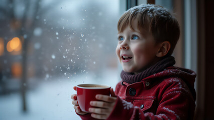 Kind mit einer Tasse Kakao in der Hand schaut mit großen Augen aus dem Fenster