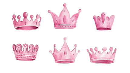 Pink Princess Crowns Watercolor on Transparent Background Generative AI