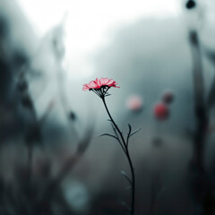 pink red flower in the fog in autumn
