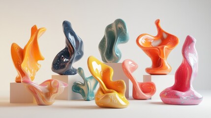 
Collection of abstract 3D sculptures with fluid, liquid-like forms in vibrant colors, featuring smooth curves and glossy surfaces that create a sense of motion and dynamic elegance
