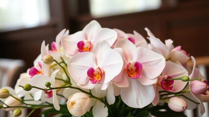 Beautiful bouquet of white and pink orchids, perfect for a wedding centerpiece, elegant, floral