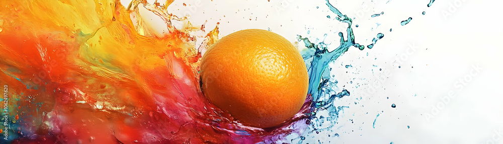 Poster a single orange, partially submerged in a colorful splash of liquid, creating a dynamic and artistic
