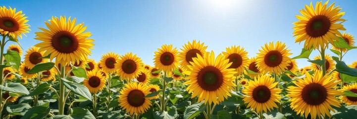 A vibrant field of sunflowers under a clear blue sky, their bright yellow petals basking in the sun's warm glow, blue sky, flora