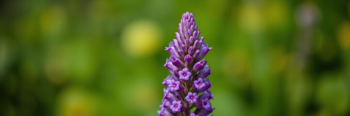 Vibrant purple flower head against a blurred green background, head, blurred