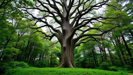 Fototapeta premium Tall and majestic oak tree standing alone in a lush green forest, woodland, nature