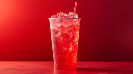 Red soft drink in a modern takeaway cup filled with ice, placed on a smooth red surface with a glowing red background, reflecting bold flavors and minimalism