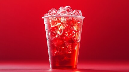 Red soft drink in a modern takeaway cup filled with ice, placed on a smooth red surface with a glowing red background, reflecting bold flavors and minimalism