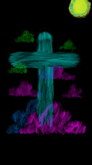 Neon cross illustration with glowing colorful clouds on black background