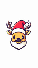Cartoon reindeer with Santa hat, festive character on white isolated background.