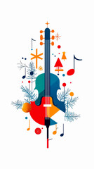 Colorful violin illustration surrounded by musical notes and festive decorations.