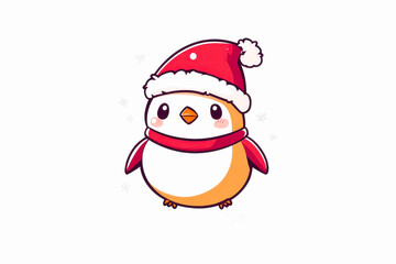 Obraz premium Cute cartoon bird wearing a red Christmas hat and scarf, white isolated background.