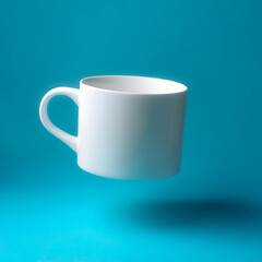Obraz premium White Coffee mug floating or flying isolated on light blue background