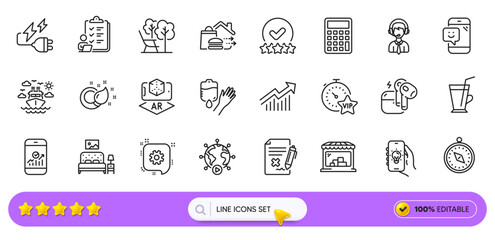 Paint brush, Reject file and Market line icons for web app. Pack of Rating stars, Cogwheel, Furniture pictogram icons. Smartphone statistics, Shipping support, Food delivery signs. Search bar. Vector