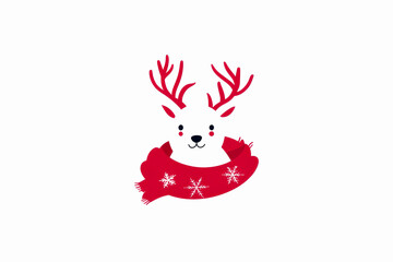 Naklejka premium Cute reindeer wearing a red scarf, white isolated background.