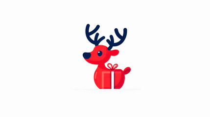 Cute red reindeer with gift, white isolate background.
