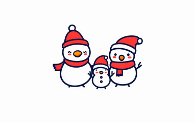 Three cheerful snowmen wearing hats and scarves on a white isolated background.