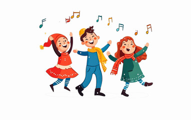 Three children joyfully dancing with musical notes, isolated on a white background.