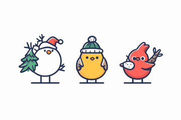 Obraz premium Three cute cartoon birds dressed for winter with festive accessories.