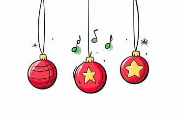Three festive red Christmas ornaments with musical notes, white isolate background.