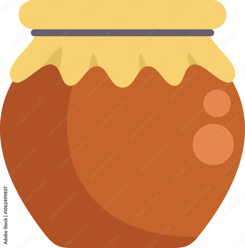 Poster clay pot is being filled with honey and covered with paper lid and tied with string
