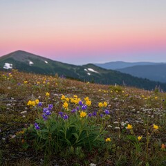 Fototapeta premium Serene mountain meadow dotted with wildflowers under a pastel pink dawn sky