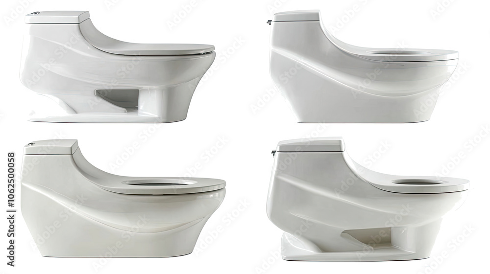 Poster set of four white flush toilets isolated on a transparent background generative ai